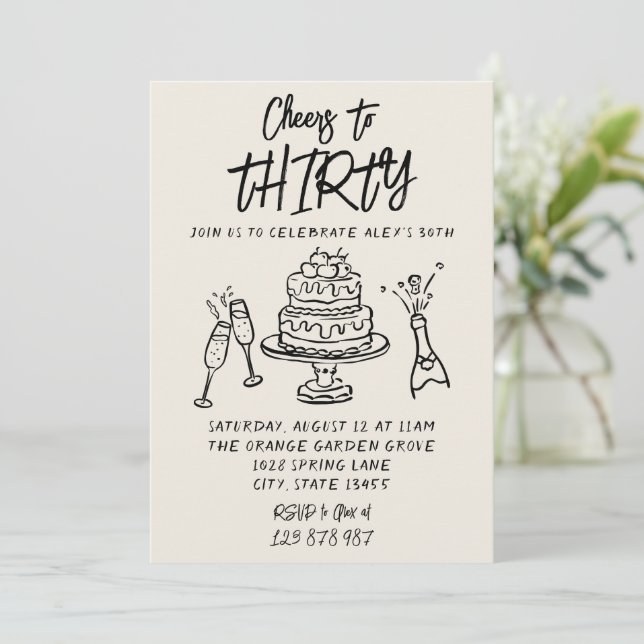 Retro Hand Drawn Written 30th Whimsical Birthday   Invitation (Standing Front)
