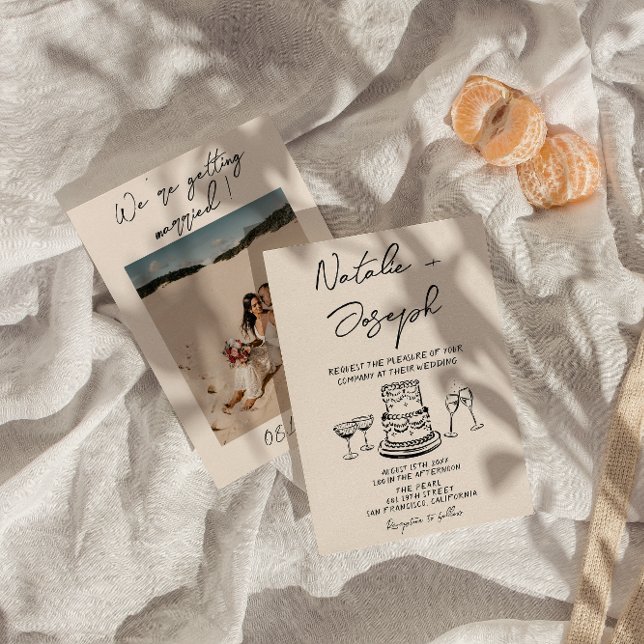 Retro Hand Drawn Written Cake Quirky Photo Wedding Invitation (Creator Uploaded)