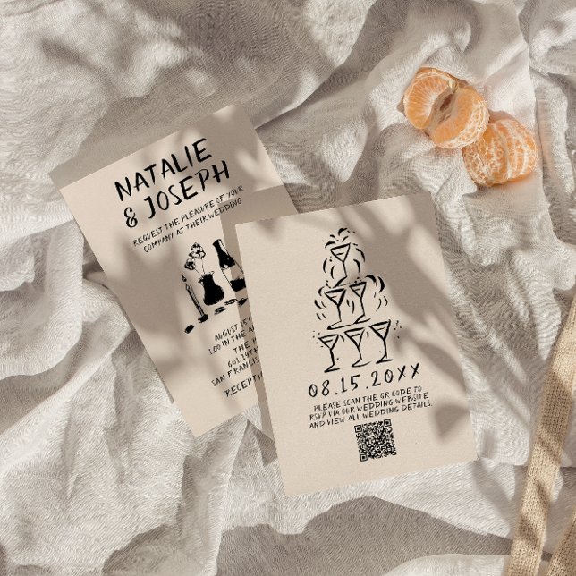 Retro Hand Drawn Written Champagne QR Code Wedding Invitation (Creator Uploaded)