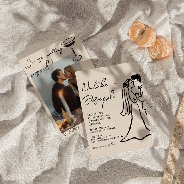 Retro Hand Drawn Written Couple Photo Wedding Invitation (Creator Uploaded)