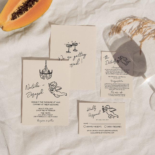 Retro Hand Drawn Written Cupid Quirky Wedding Invitation (Creator Uploaded)