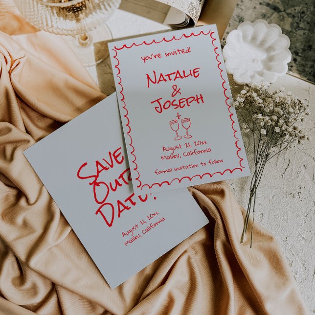 Retro Hand Drawn Written Red Quirky Funky Wedding Save The Date (Creator Uploaded)