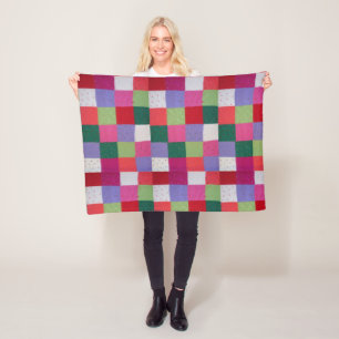 retro hand knitted colourful patchwork squares fleece blanket
