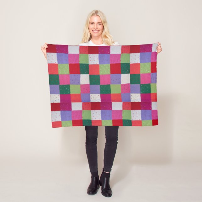 retro hand knitted colourful patchwork squares fleece blanket (In Situ)