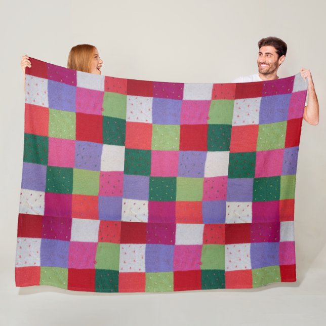 retro hand knitted colourful patchwork squares fleece blanket (In Situ)