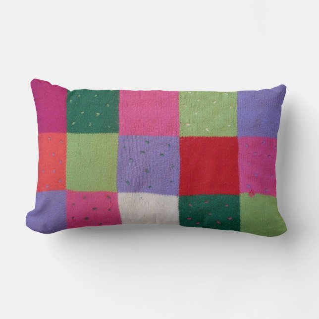 retro hand knitted colourful patchwork squares lumbar cushion (Front)