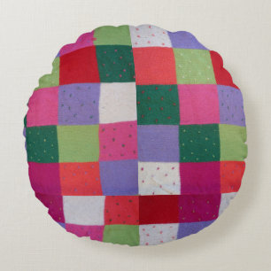 retro hand knitted colourful patchwork squares round cushion