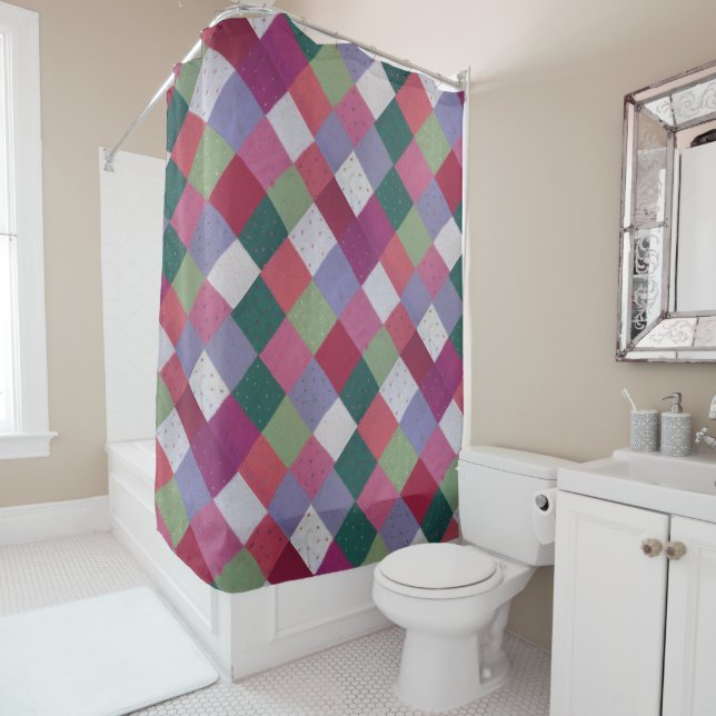 retro hand knitted colourful patchwork squares shower curtain (In Situ)