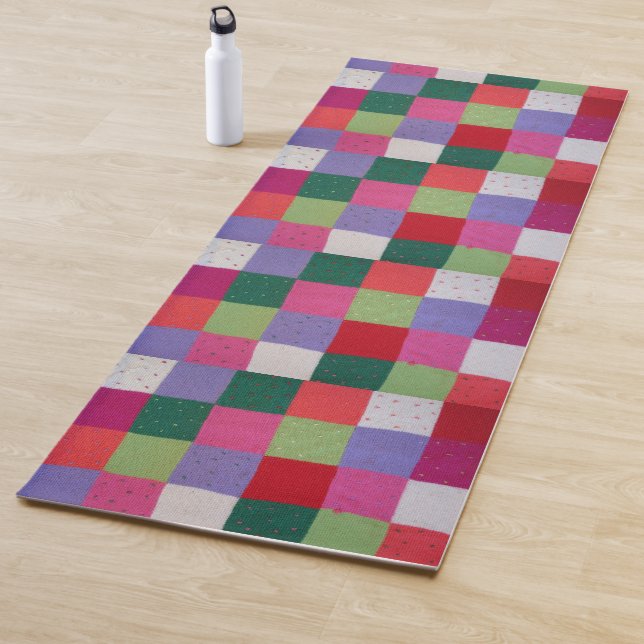 retro hand knitted colourful patchwork squares yoga mat (In Situ)