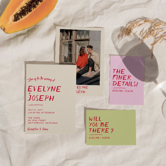 Retro Hand-Written Colourful Modern Unique Wedding Invitation (Creator Uploaded)