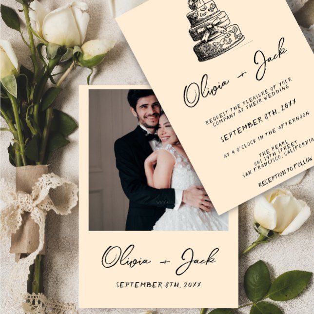 Retro Hand Written Drawn Cake Quirky Photo Wedding Invitation (Creator Uploaded)
