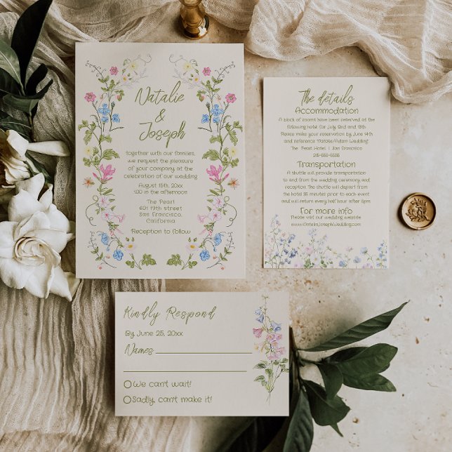 Retro Hand Written Drawn Floral Summer Wedding Invitation (Creator Uploaded)
