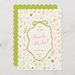 Retro Hand Written Drawn Flowers Spring Wedding Save The Date