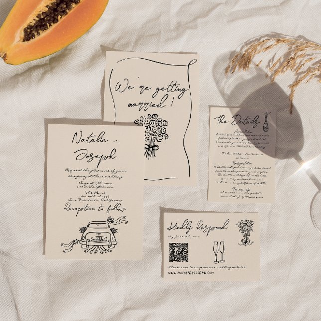 Retro Hand Written Drawn Romantic Cute Wedding Invitation (Creator Uploaded)