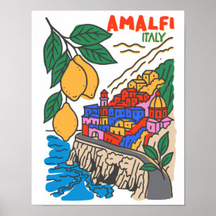 Retro Handdrawn Amalfi Italy Mediterranean Art Poster