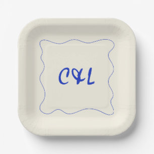 Retro Handwritten Whimsical Blue Wedding Paper Plate