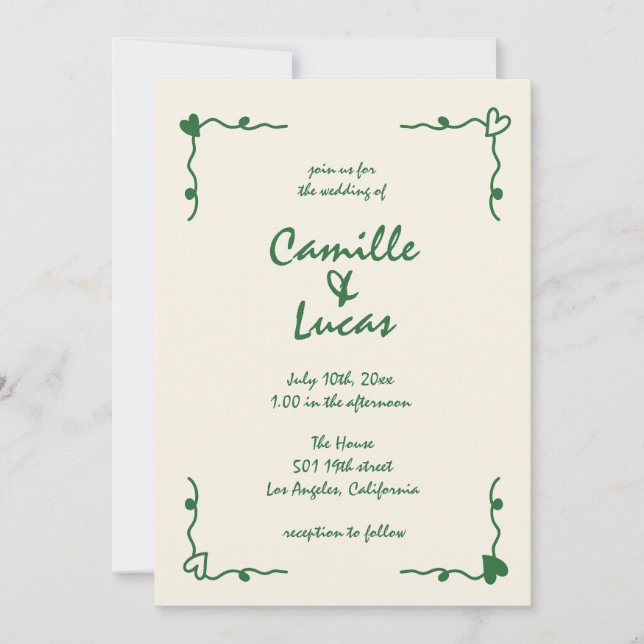 Retro Handwritten Whimsical Green Wedding  Invitation (Front)