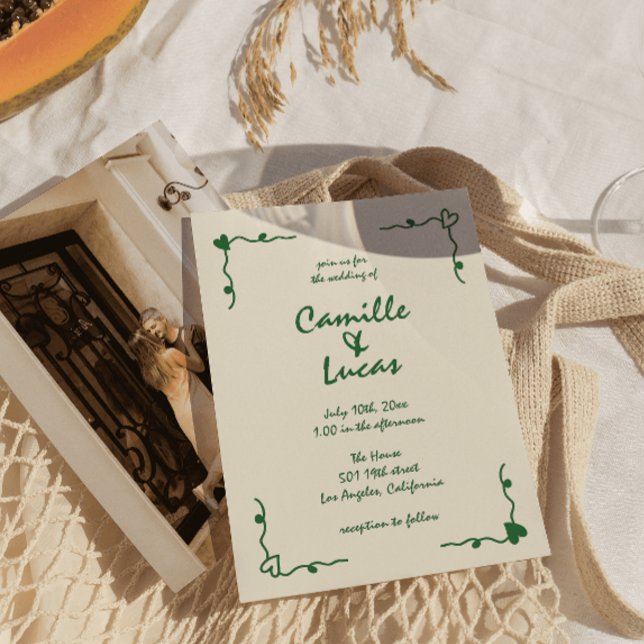Retro Handwritten Whimsical Green Wedding  Invitation (Creator Uploaded)