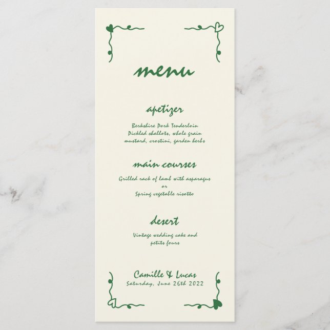 Retro Handwritten Whimsical Green Wedding Menu (Front)