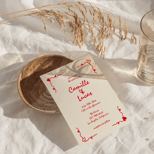 Retro Handwritten Whimsical Red Wedding  Invitation (Creator Uploaded)