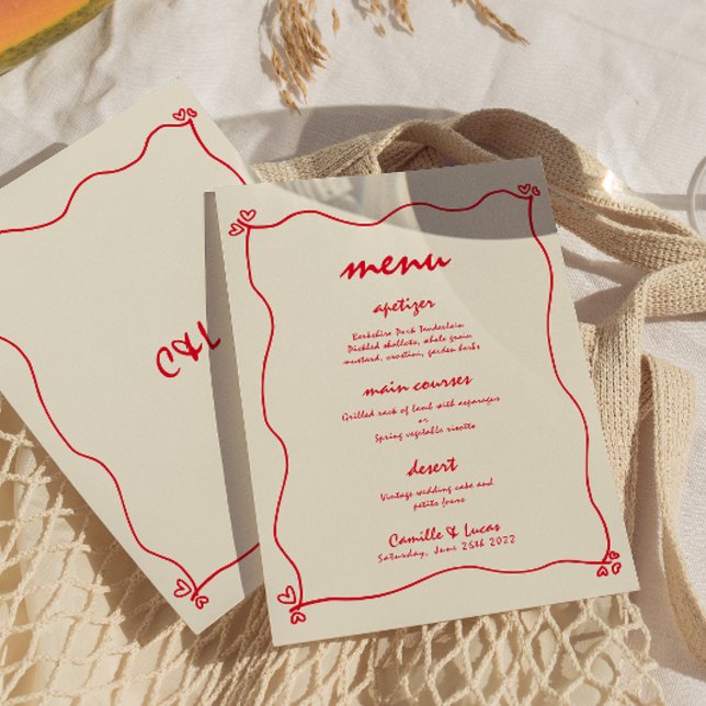 Retro Handwritten Whimsical Red Wedding Menu Invitation (Creator Uploaded)