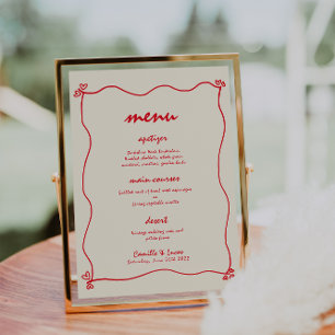 Retro Handwritten Whimsical Red Wedding Menu Invitation