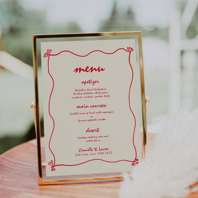 Retro Handwritten Whimsical Red Wedding Menu Invitation (Creator Uploaded)