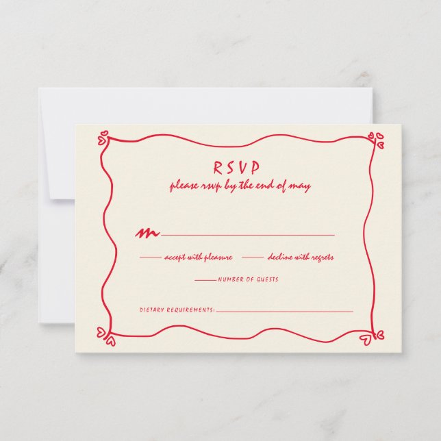 Retro Handwritten Whimsical Red Wedding  RSVP Card (Front)