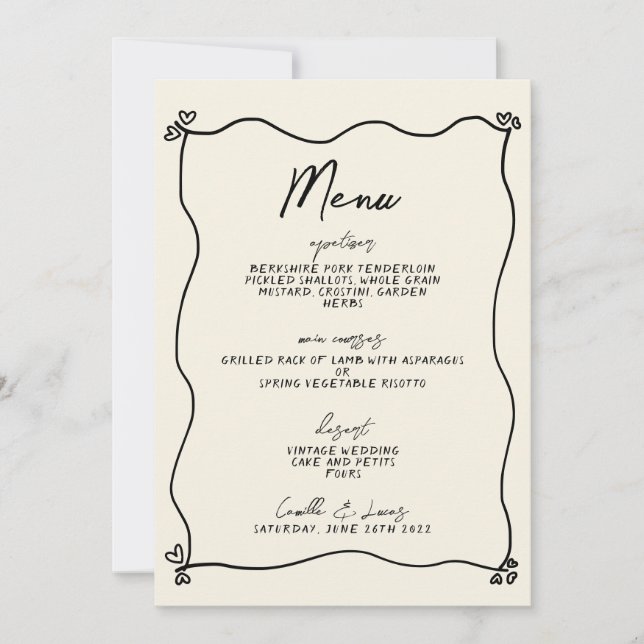 Retro Handwritten Whimsical Wedding Menu Invitation (Front)