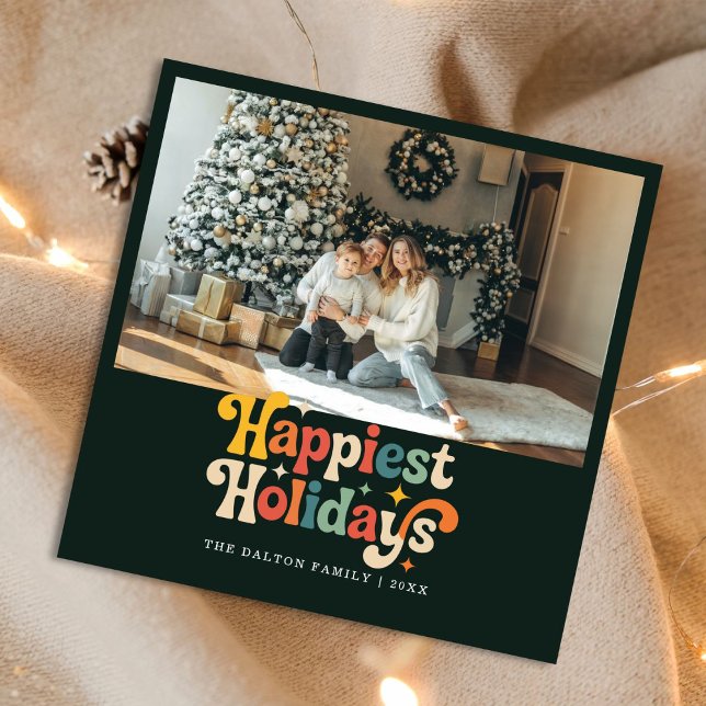 Retro Happiest Holidays Family Christmas Photo Holiday Card (Creator Uploaded)