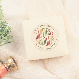 Retro Happiest Holidays Family Name Christmas Classic Round Sticker