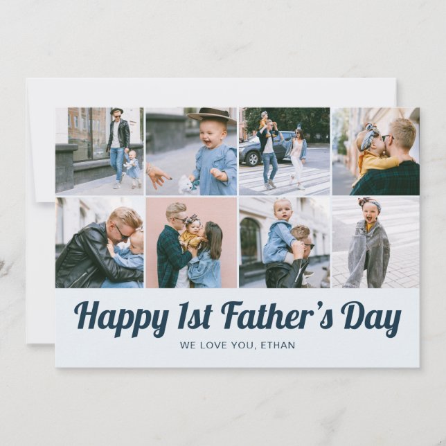 Retro Happy 1st Father's Day 12 Photo Collage Blue Holiday Card (Front)
