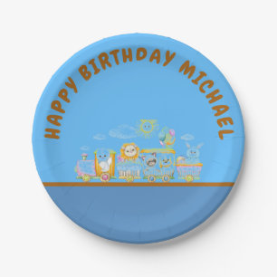 Retro Happy Birthday Animal Train Paper Plate