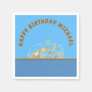 Retro Happy Birthday Animal Train Paper Plate Napkin