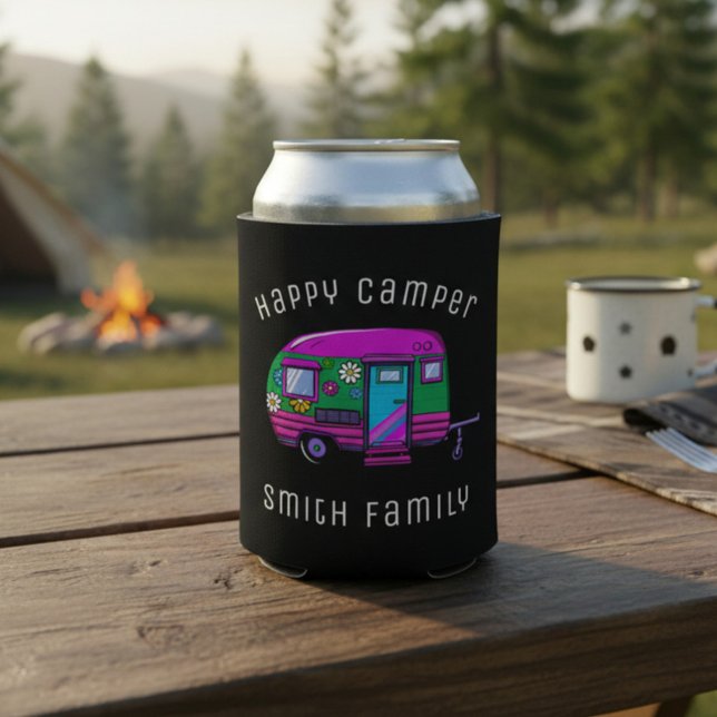 Retro Happy Camper Custom Name Can Cooler (Creator Uploaded)