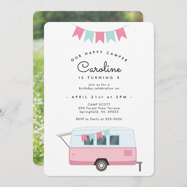 Retro Happy Camper Pink Birthday Invitation (Front/Back)