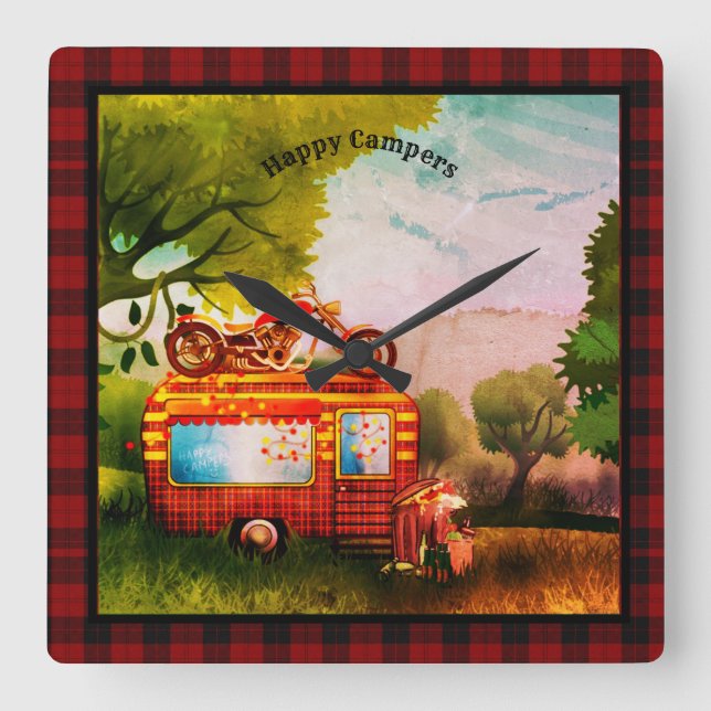 Retro Happy Campers Trailer Trash Buffalo Plaid Square Wall Clock (Front)
