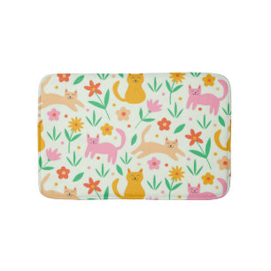 Retro Happy Cats with Orange Red and peach flowers Bath Mat