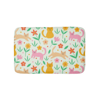 Retro Happy Cats with Orange Red and peach flowers Bath Mat