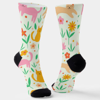 Retro Happy Cats with Orange Red and peach flowers Socks