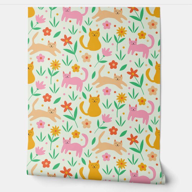 Retro Happy Cats with Orange Red and peach flowers Wallpaper (Unrolling)