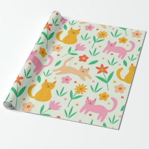 Retro Happy Cats with Orange Red and peach flowers Wrapping Paper