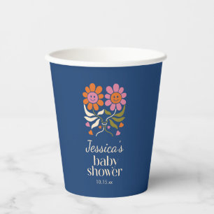 Retro Happy Daisy Navy Blue Baby Shower Cute Party Paper Cups