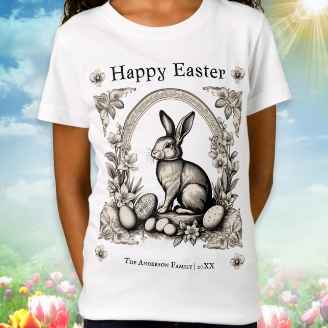 Retro Happy Easter Bunny Kids T-Shirt (A personalized t-shirt with retro Easter bunny with eggs and flowers, and 'Happy Easter' greeting)