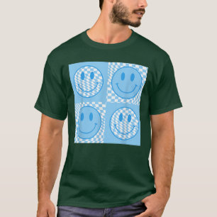 Retro Happy Face Chequered Blue Smile Face Trendy  T-Shirt