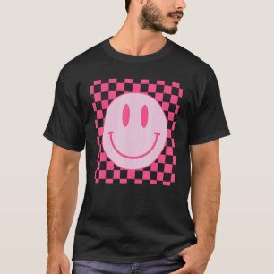 Retro Happy Face  Chequered Pattern Pink Smile Fac T-Shirt