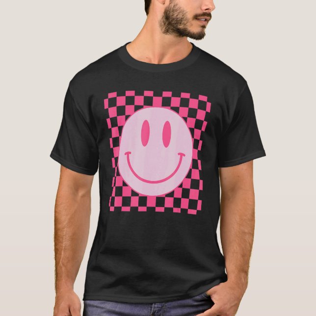 Retro Happy Face  Chequered Pattern Pink Smile Fac T-Shirt (Front)