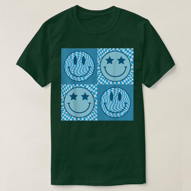 Retro Happy Face  Chequered Pattern Smile Face Fun T-Shirt (Design Front)