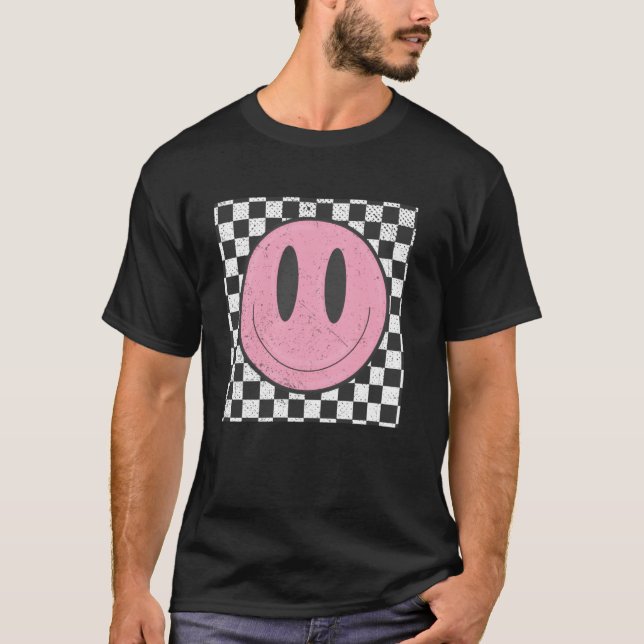Retro Happy Face Chequered Pattern Smile Face T-Shirt (Front)