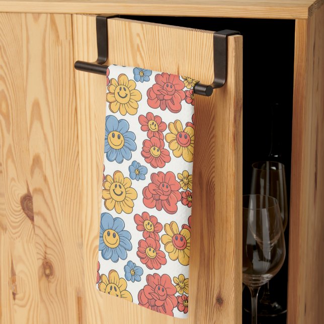 Retro Happy Face Florals  Tea Towel (Thirds Fold)